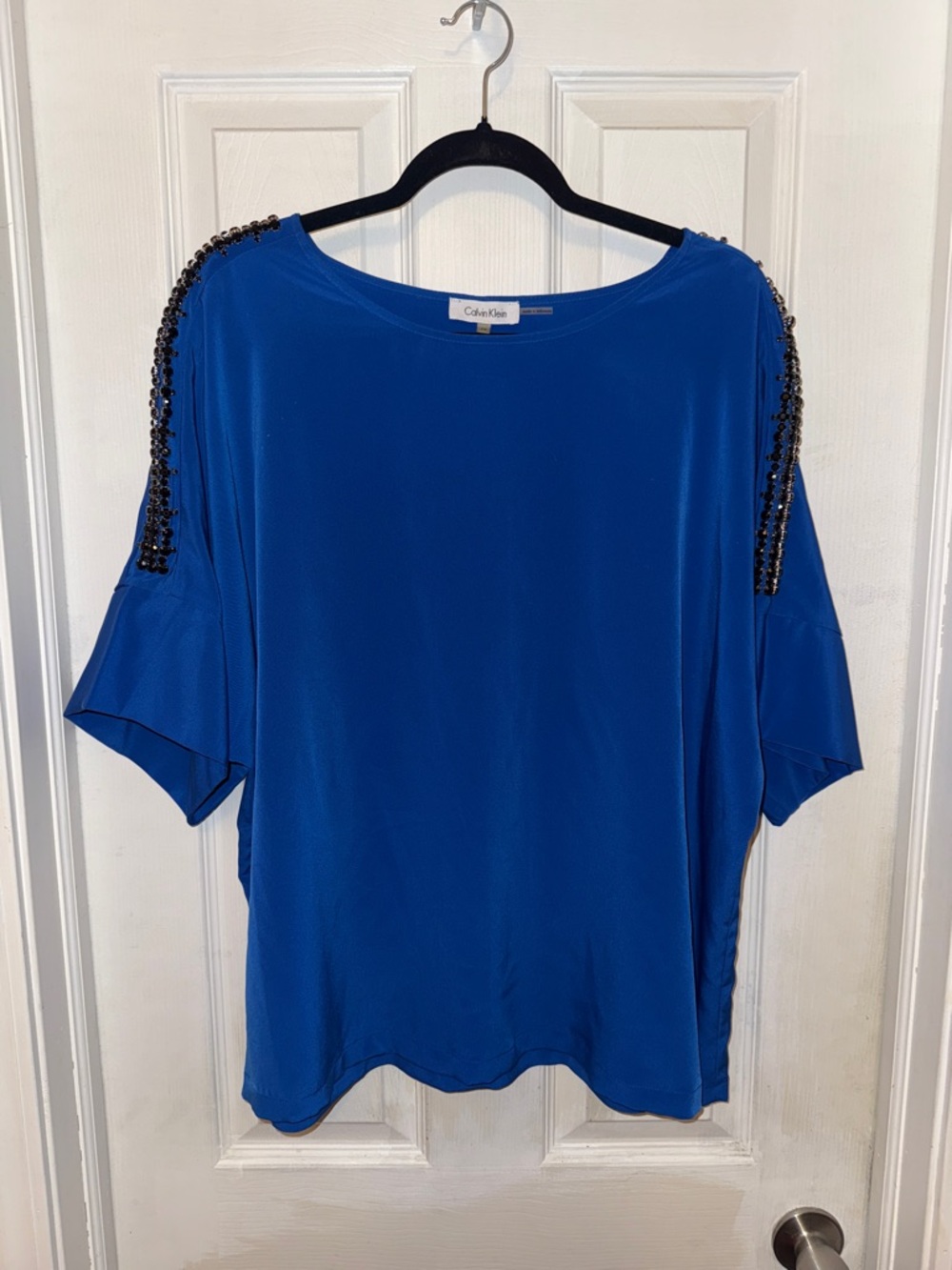 Calvin Klein Royal Blue Beaded Shoulder Short Sleeve Top